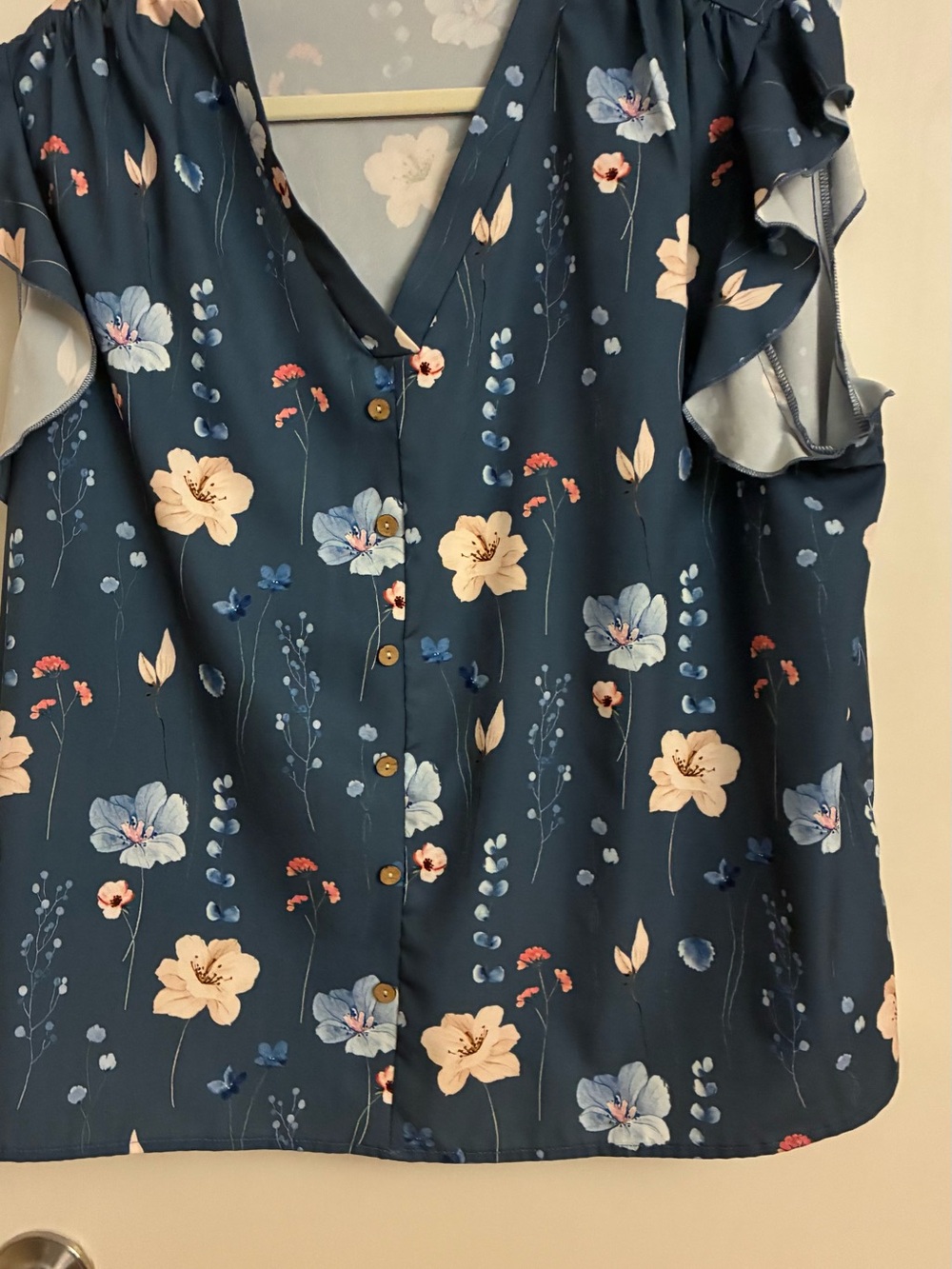 SHEIN Teal Floral Button-Front Ruffle Sleeve Blouse